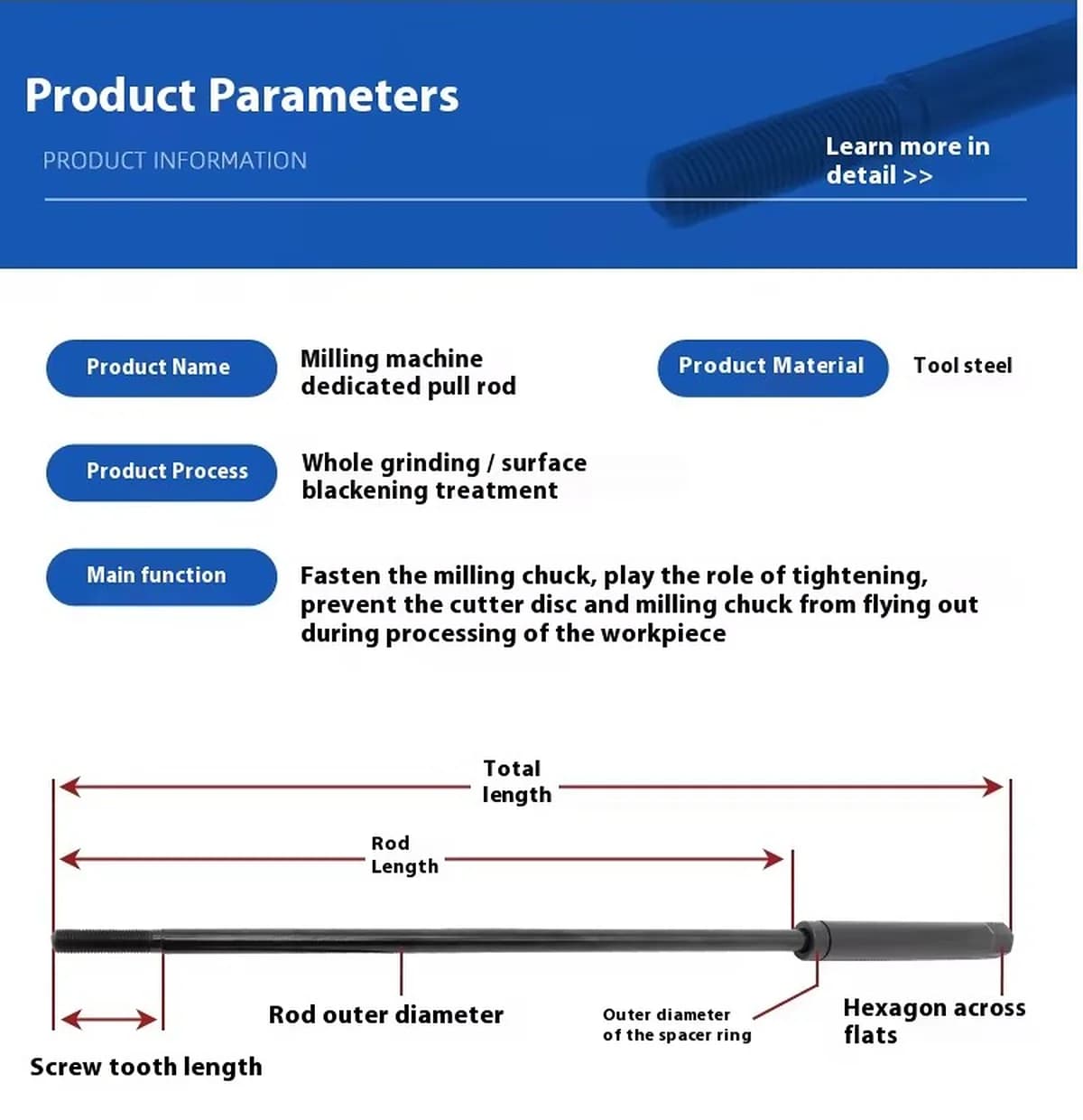 High-Strength Drawbar-Tie Rod for Vertical RAM Turret Milling Machine — image 7